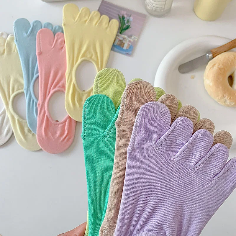 5 Pairs Five-finger Socks Women Cotton Summer Short Tube Toe Socks 5-finger Non-slip Candy Color Socks