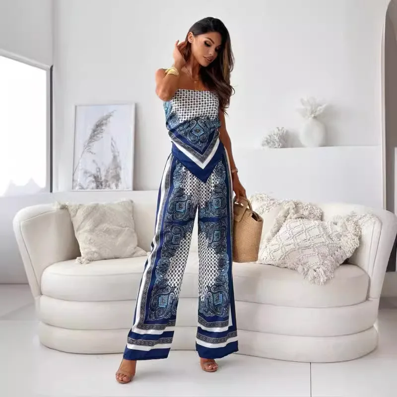 New Women's Sexy Suspender Wrapped Breastless Backless Sleeveless Geometric Printed Knotted Wide Leg Pants Suit Women's Clothes