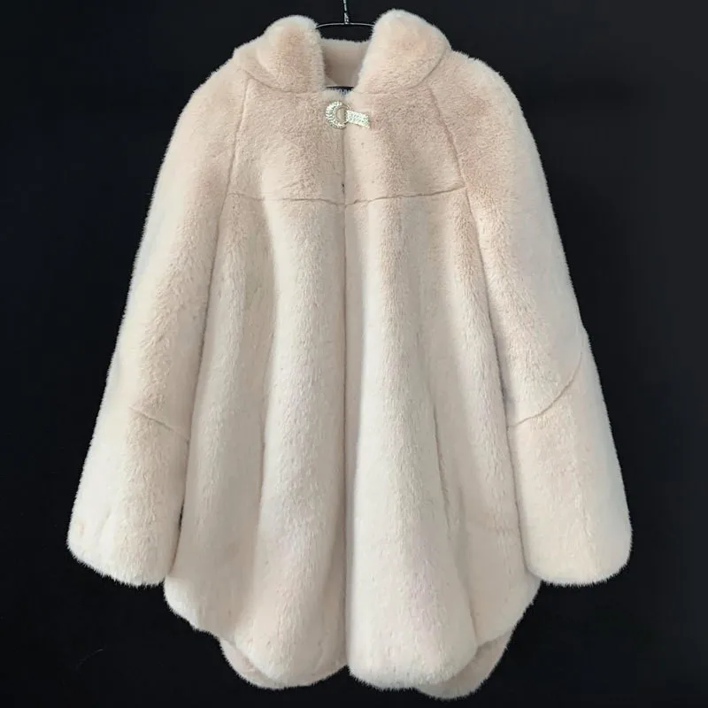 New Tian warm fleece mother leather coat mid-length with hat and mixed fur for women