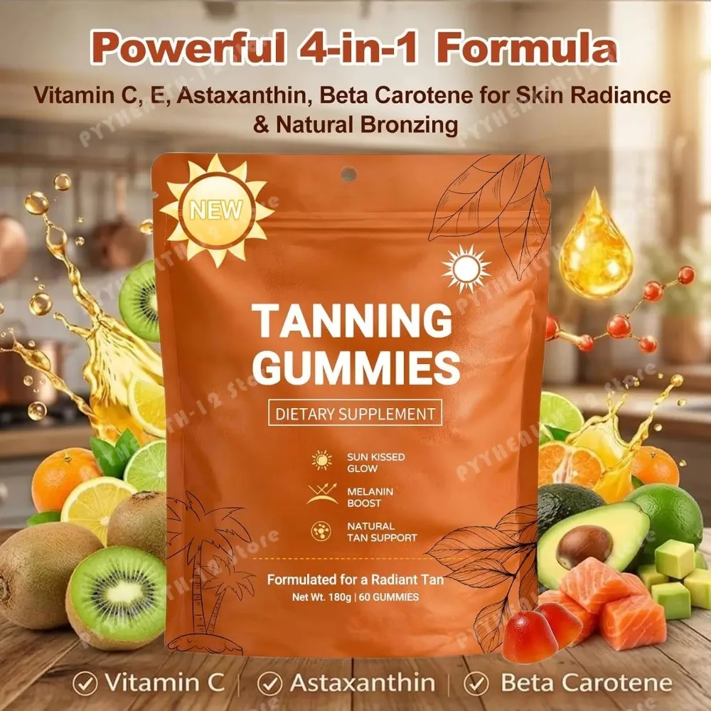 Tanning Gummies for Women, Sunless Bronzing Glow Support, Vegan Sugar-Free, Non-GMO, Astaxanthin & Lycopene, 60 Count
