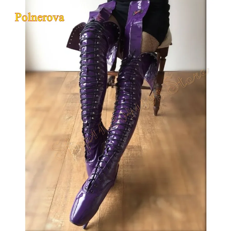 

Purple Skinny Leather Ballet Boots Sexy Strappy Stiletto Over The Knee Boots Bar Party Dance Boots 2024 New Zapatos Para Mujere