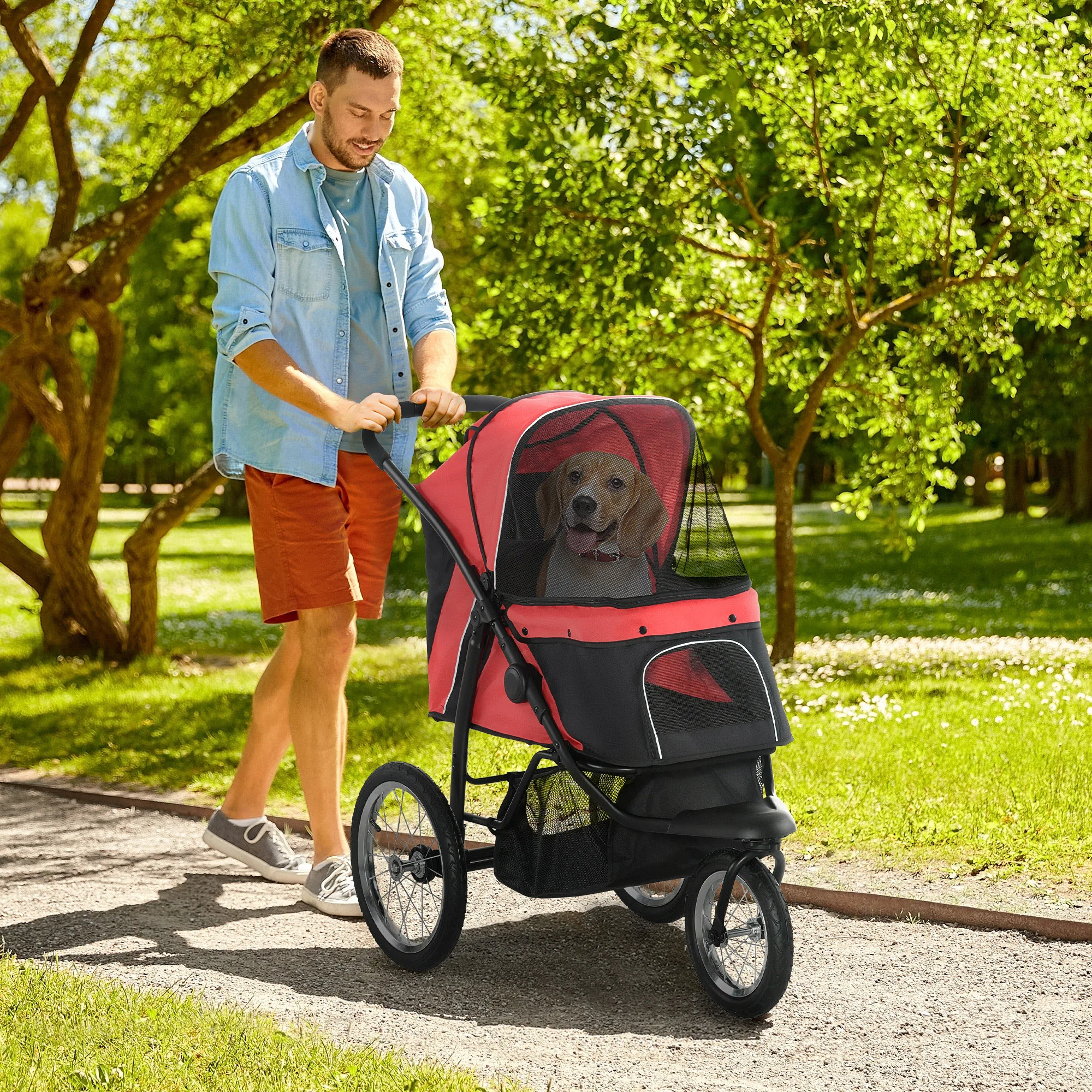 Pet Stroller for Small and Medium Dogs 3 Big Wheels Foldable Cat Stroller with Adjustable Canopy Storage Basket Red