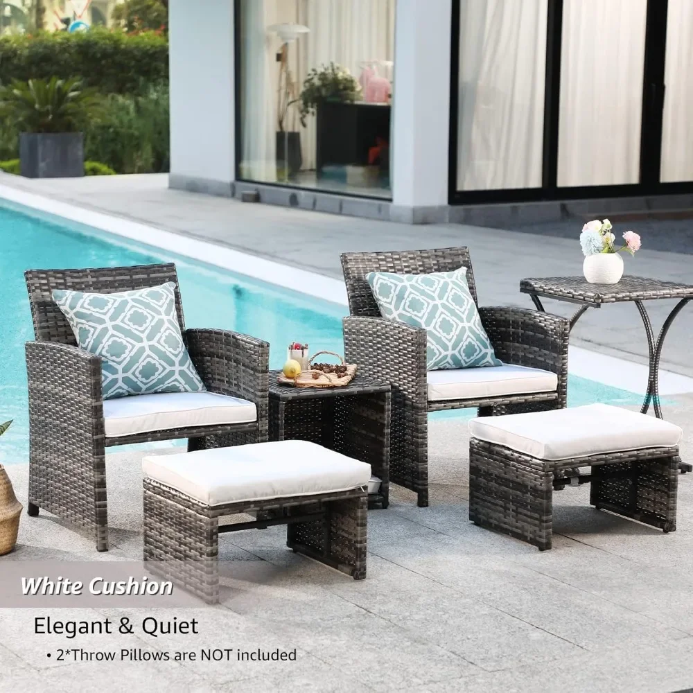 

6 Piece Patio Furniture Conversation Set with Ottoman, Outdoor Grey Wicker Chair and Table Set, Balcony Furniture