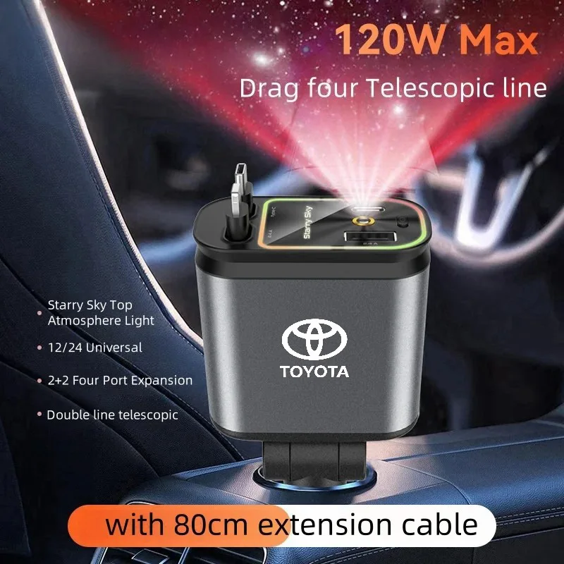 

120W Retractable Car Super Charger With Star light USB PD3.0 Adapter For Android iPhone For toyota camry chr corolla rav4 yaris