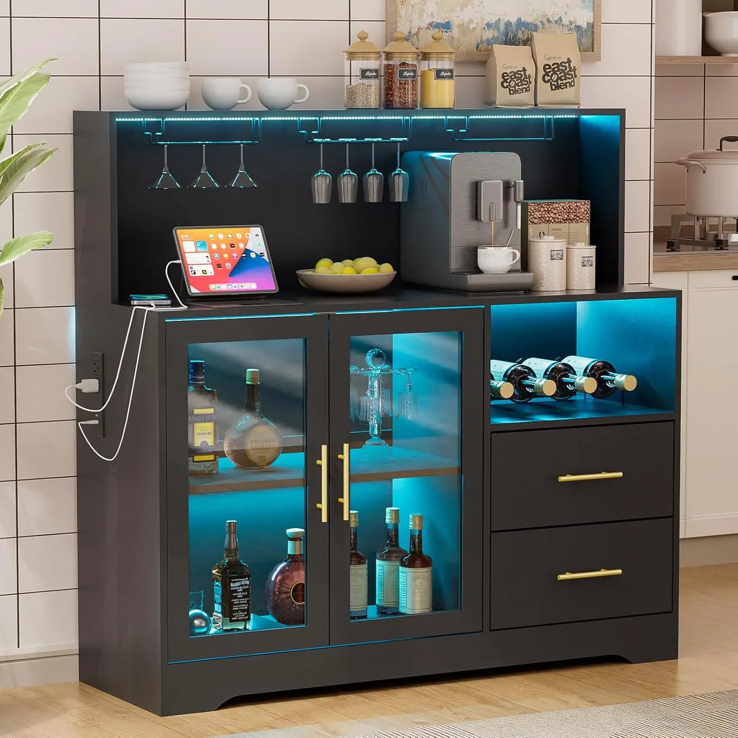 Wine Bar Cabinet with RGB Light, Liquor Cabinet with Wine Rack and Glass Holder, Coffee Bar Cabinets with USB Power, Customized