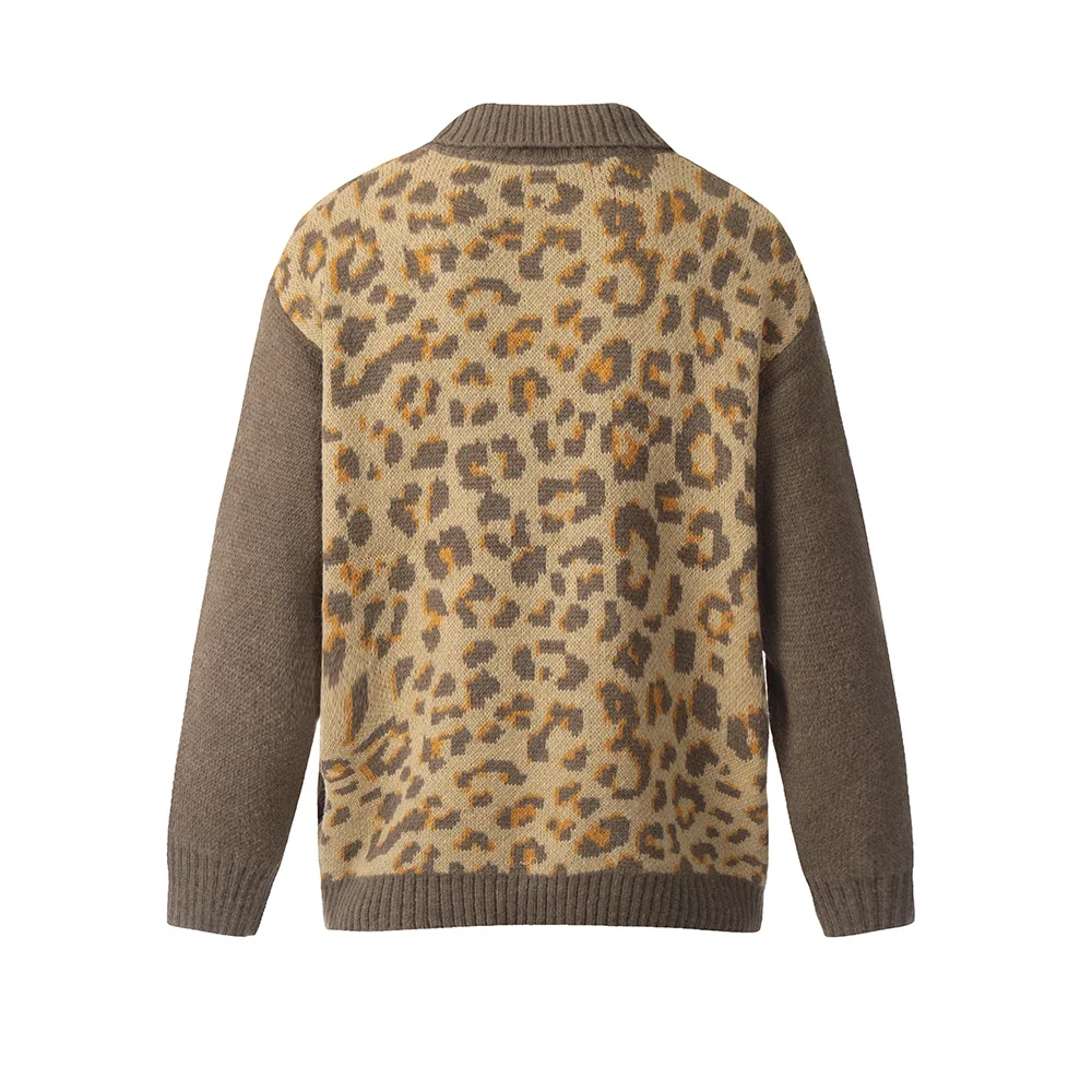 Vintage Leopard Patchwork Winter Knitted Sweater for Men and Women Lapel Casual Pullover Loose Clothing Oversized