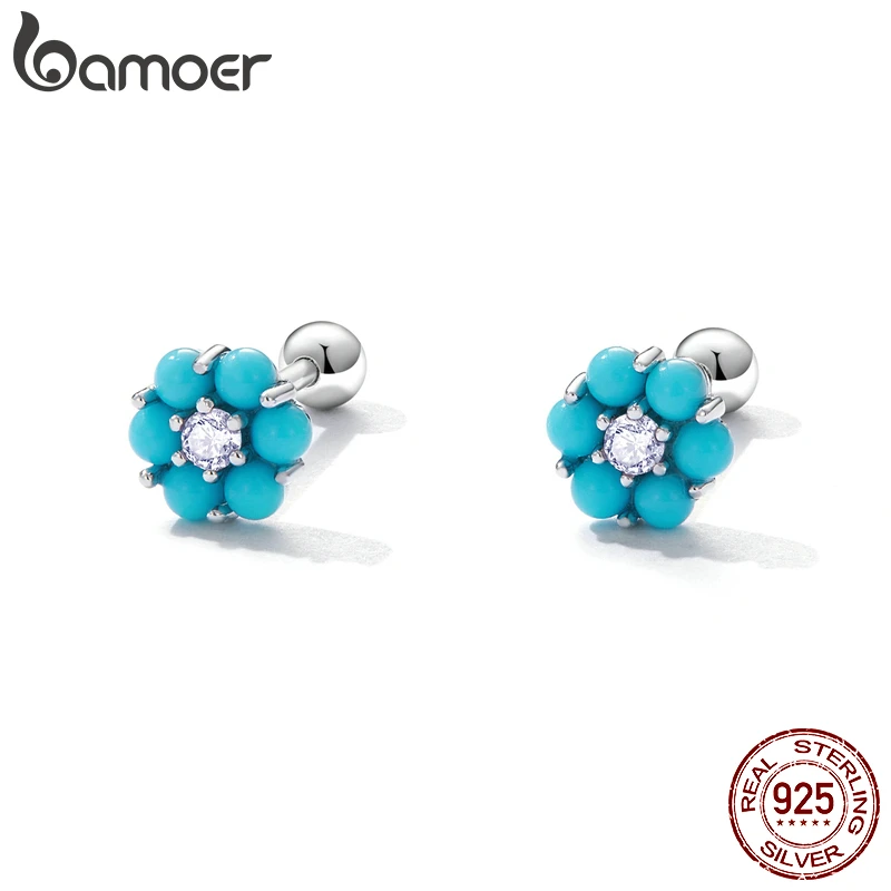 Bamoer New Arrival 925 Sterling Silver Turquoise Flower Stud Earrings for Women Blue Stone Korean Style Earrings Fine Jewelry