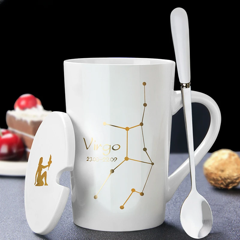 Creative and Personalized Ceramic Mug, Twelve Constellations Coffee Cup with Lid, Spoon, Couple Water Cup, Gift, Household Cup