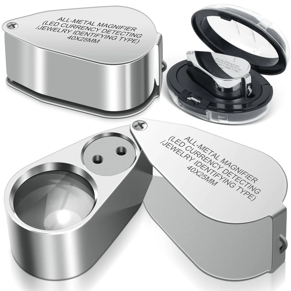 40X Jewelers Loupe Magnifier Metal Magnifying Glasses LED UV Illuminated Jewelry Loop Pocket Folding Magnifying Glass for Coins