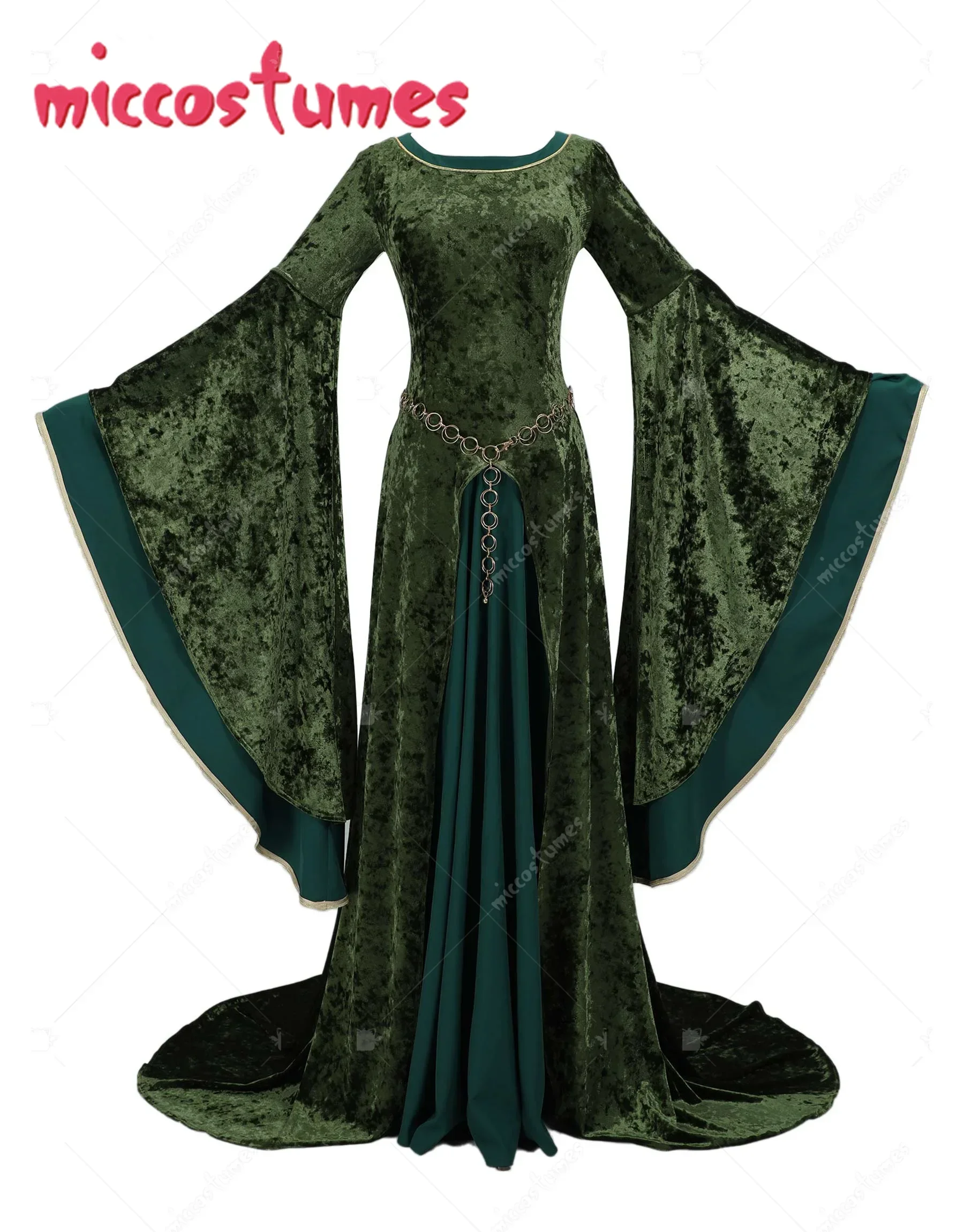 MICCOSTUMES عصر النهضة القرون الوسطى نمط Elinor مشتق طويل الأكمام واسعة فستان أخضر مخملي وسلسلة الخصر تأثيري حلي