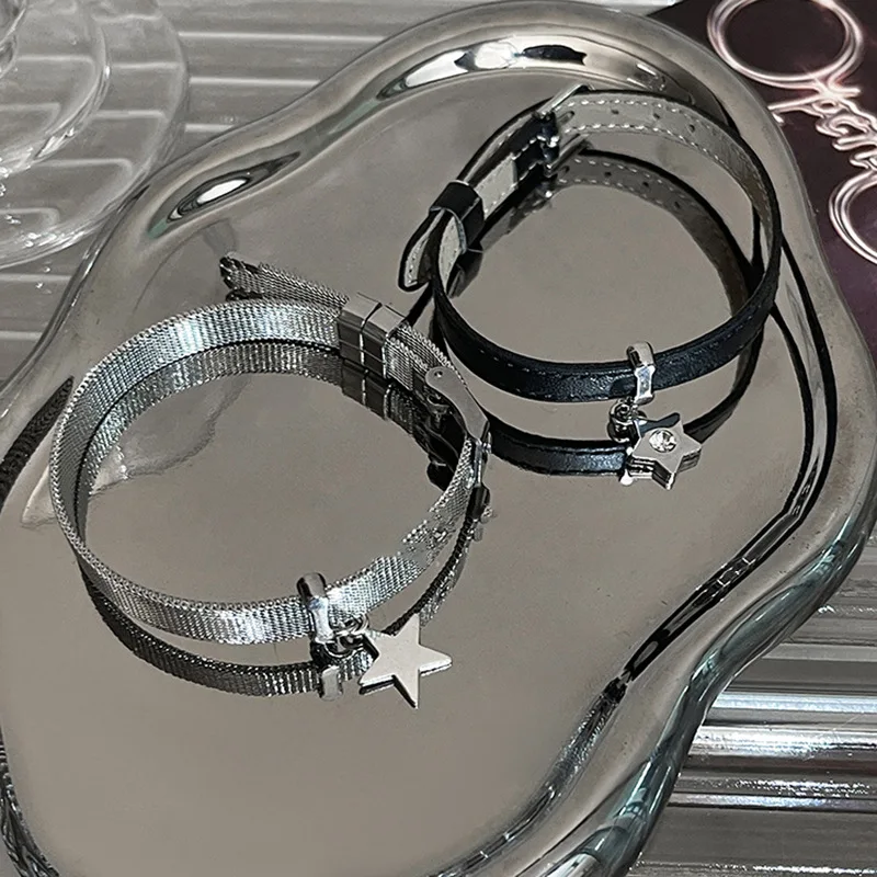 Stainless Steel Y2K Star Charms Belt Bracelets Bangles for Women Girls Punk Cool Leather Metal Pentagram Bracelet Trendy Jewelry