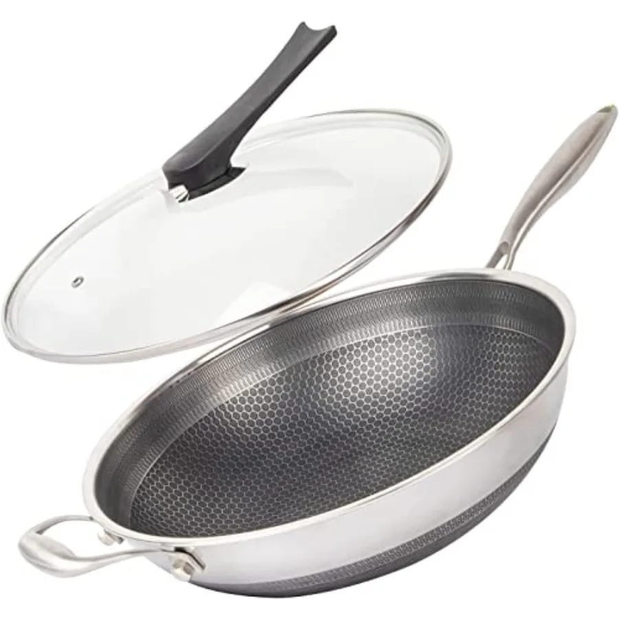 Wok para freír de 13'' de acero inoxidable 316L con tapa, sartén antiadherente con mango que no se calienta, libre de PFOA, apto para inducción y vitrocerámica