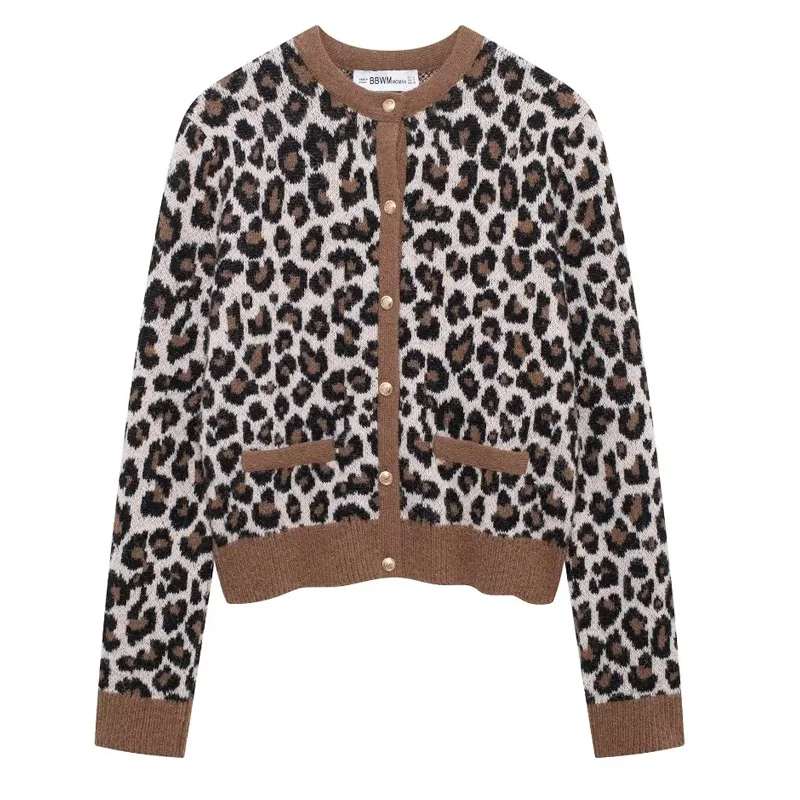 TRAF Sweater Outerwears Women's Cropped Knitted Cardigan Women Vinatge Leopard Print Cardigan Woman Autumn Long Sleeve Sweaters