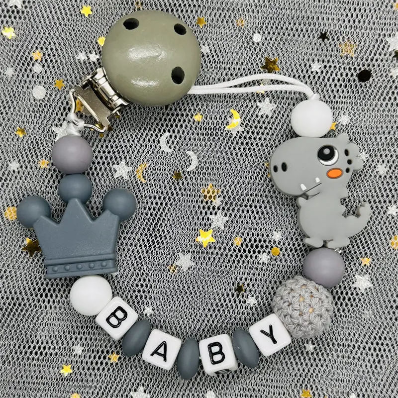 Custom Personalized Name Handmade Pacifier Clip Holder Cartoon Silicone Dinosaur Pacifier Chain Baby Teether Teething Chain Gift