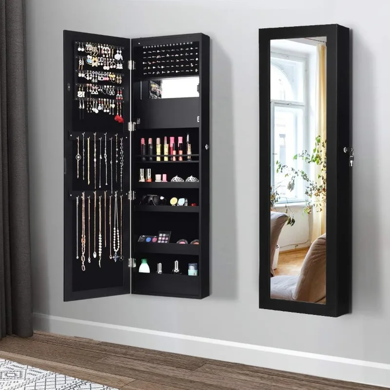 LED Jewelry Cabinet Wall Mounted Door Hanging, Lockable Jewelry Armoire with 47.2'' Full Length Mirror, Foldable Makeup Tray