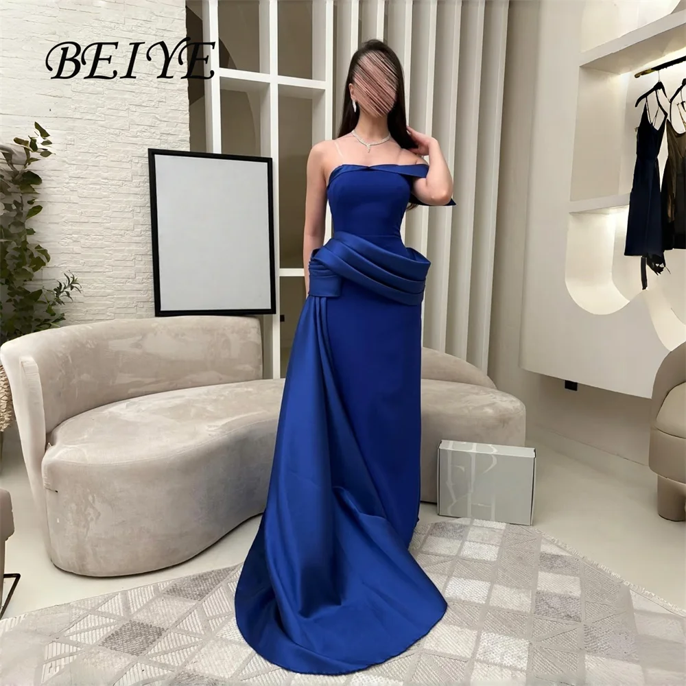 BEIYE Nowoczesne Niebieskie Sukienki Wieczorowe Bez Ramiączek Odkryte Ramiona Satynowa Suknia Formalna na Przyjęcie Szyta na Miarę فساتين سهرات