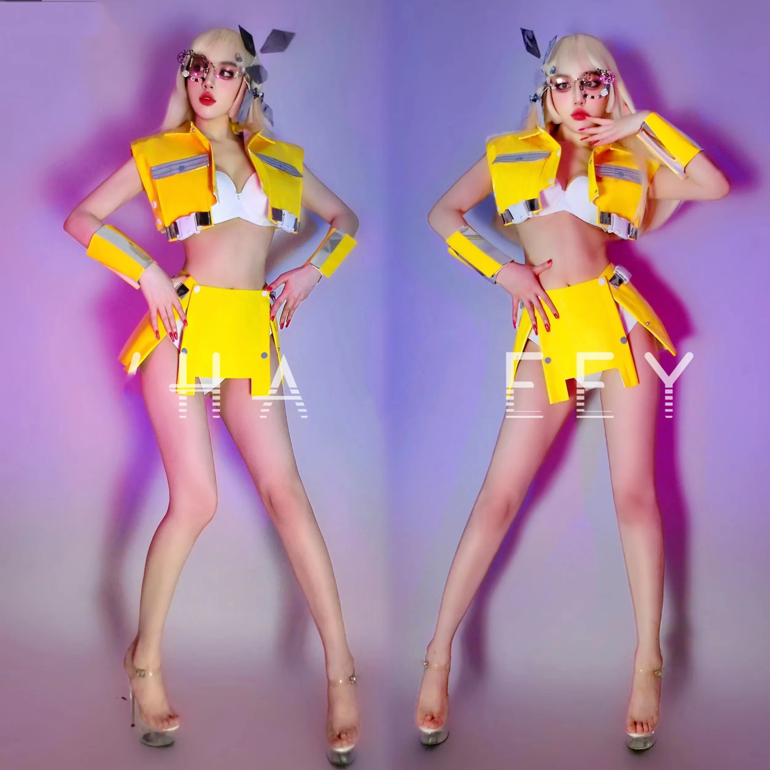 Damesrok en topset Geel Lasergesneden dansteamkostuum Sexy Jazz Girl Group Nachtclub Podium Gogo Performance Rave Outfit