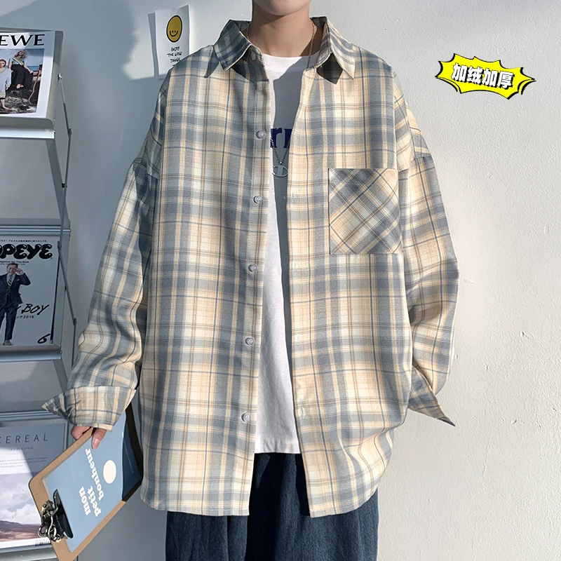 

2024 Men Winter Plaid Shirt Long Sleeve Warm Overshirt Social Casual Thicken Blouse