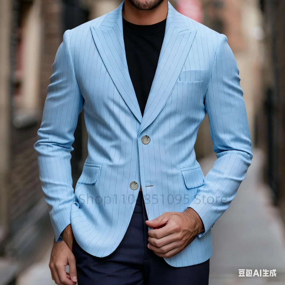 

Unisex Striped Blazer Casual Fine Fit Wedding Jacket Unique Breasted Peak Lapel Tuxedo Jaqueta Masculino Branco Preto Listrado