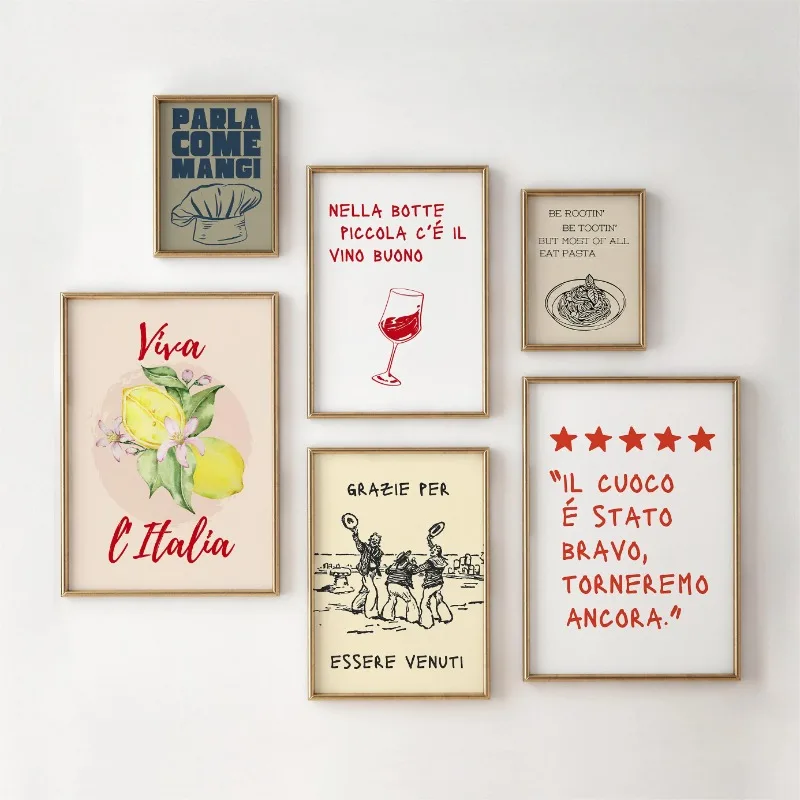 Carteles e impresiones minimalistas divertidos, comida italiana, Pasta, fruta, limón, vino tinto, impresión en lienzo, imagen artística de pared para Decoración de cocina