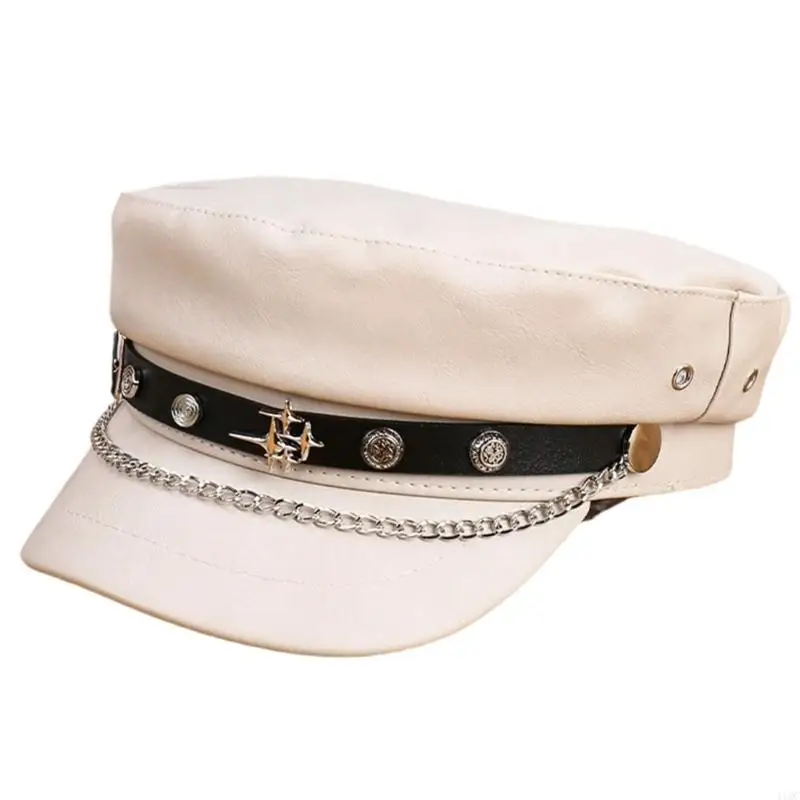 Modern Chain Decorated PU Leather Flat Border Hat Navies for Men and Women 