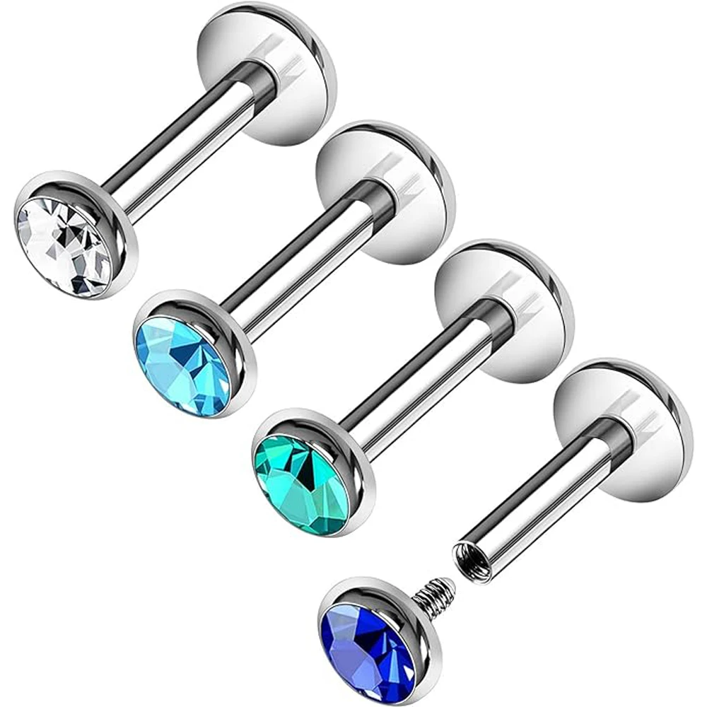 2pc 3/4/5mm Crystal Steel Labret Ring Monroe Lip Stud Internally Threaded 6/8/10/12mm Bar Ear Tragus Body Piercing