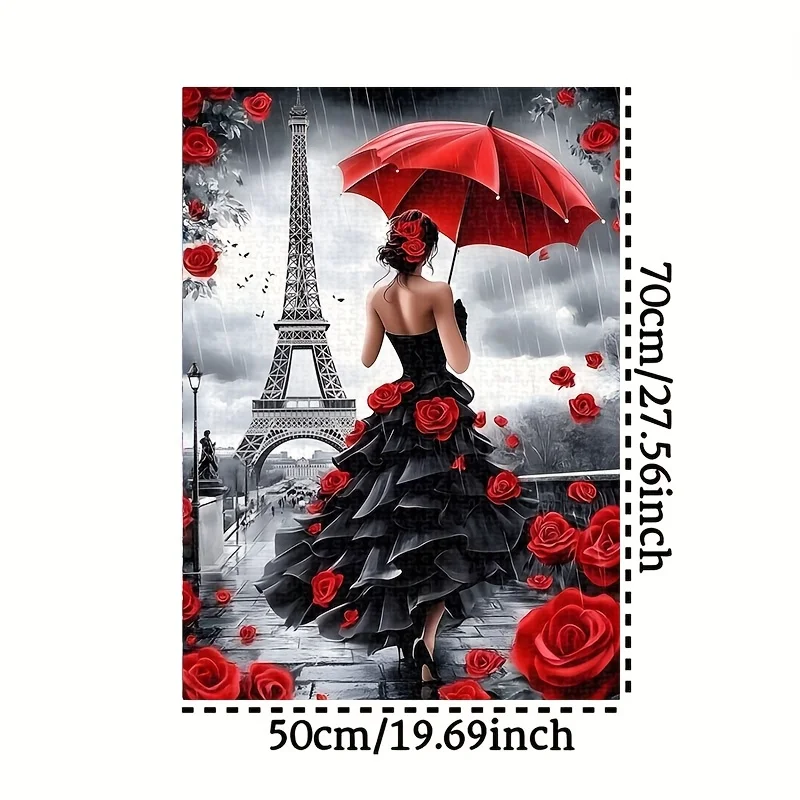 1000pcs Eiffel Tower & Rose Design Jigsaw Puzzle - Romantic Parisian Scene with Red Umbrella & Black Dress, Detailed Illustrat