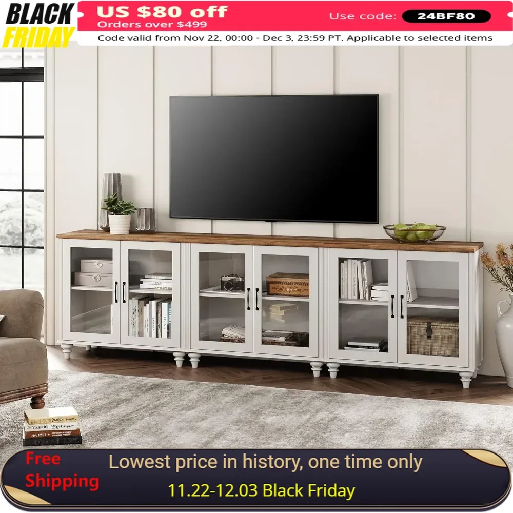 100 Inch TV Stand with LED Light, Glass Door, 3-in-1 Kitchen Buffet Cabinet for 75/80/85 Inch TVs, Wood TV Cabinet