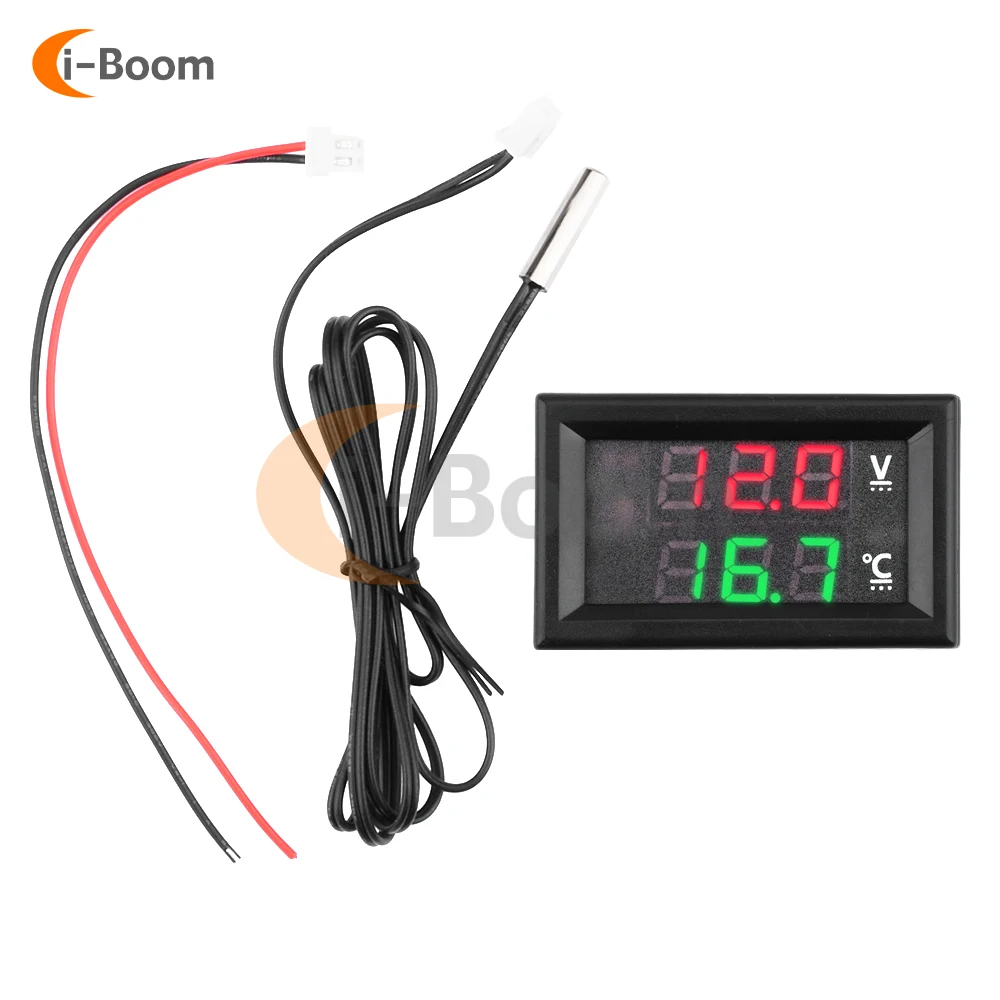 DC 4-28V Voltmeter Thermometer Voltage and Temperature Real Time Monitoring LED Digital Display with NTC Probe Cable -50~125°C