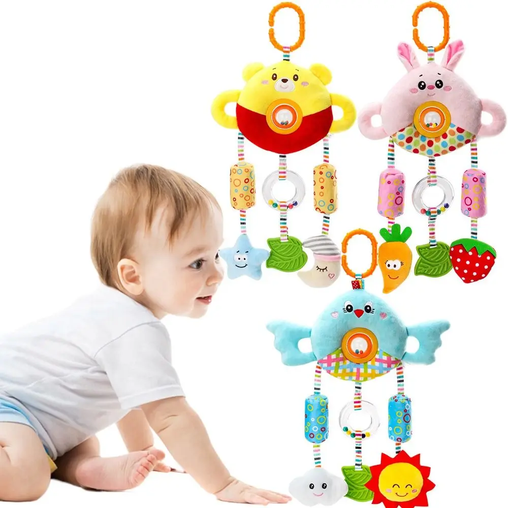 Soft Plush Sensory Stroller Hanging Pendants Rotate Teether Plush Animals Bed Bell Dolls with C Clip Comfortable To Touch