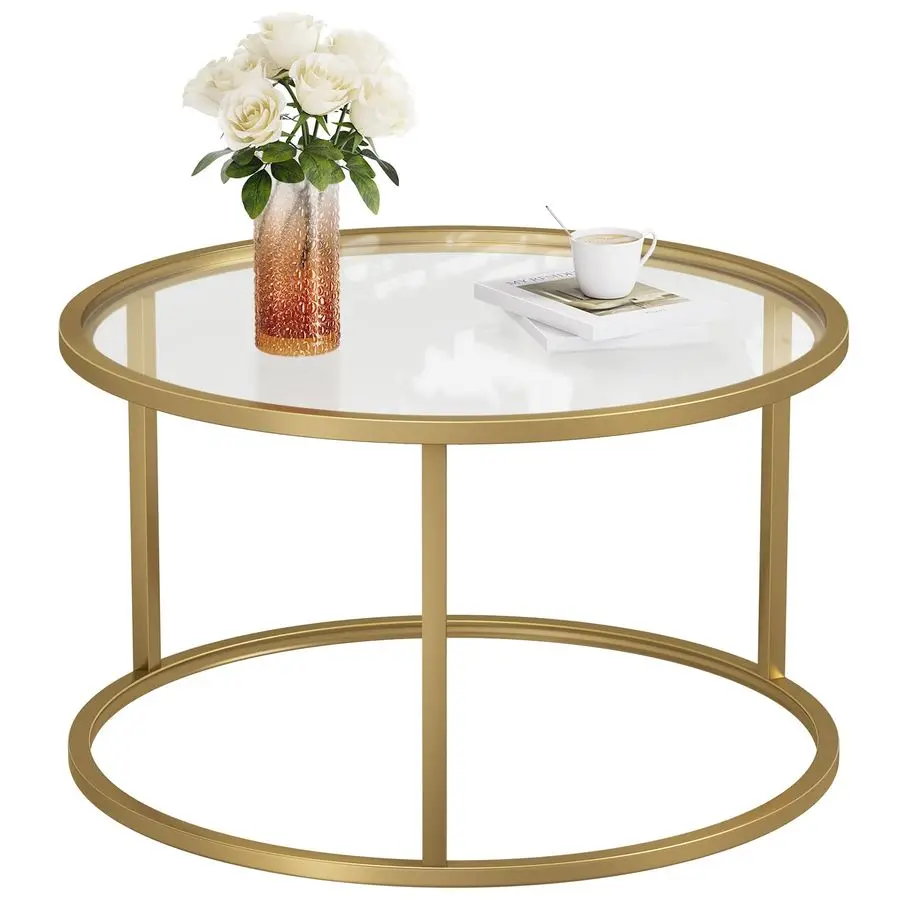 

Small Glass Coffee Table Round Gold Coffee Table for Small Space Modern Simple Center Table with Gold Frame for Living Room Hom