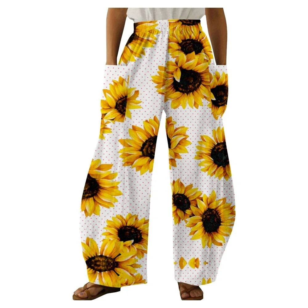 Autumn Stylish Pants Summer Sunflower Trousers Women Pocket Trousers Wide Leg Pants Girl Vintage Pantalon Chic Oversize Trousers