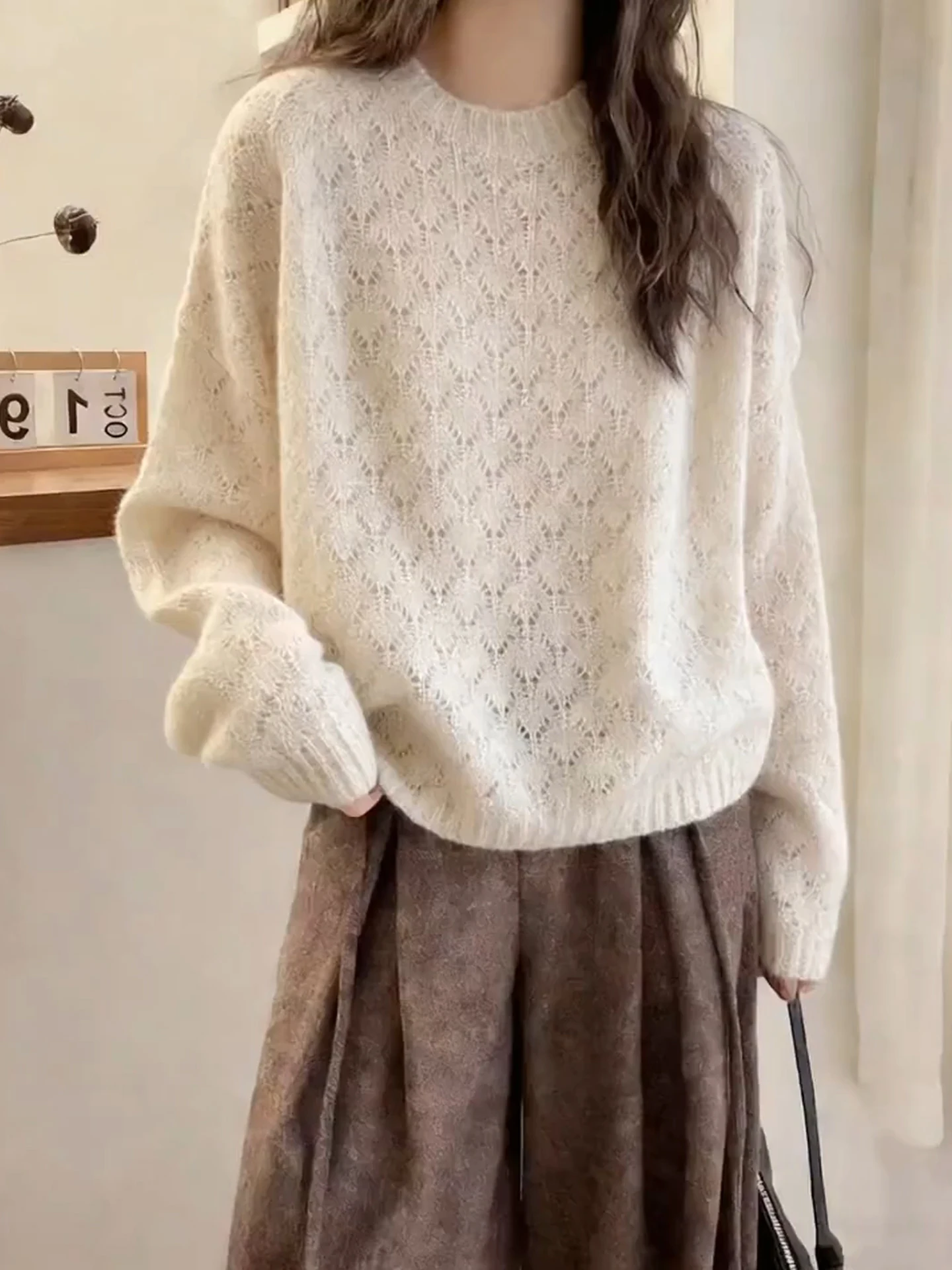 Comfortable Hollow out Knitted Sweater Elegant Soft Long Sleeve Women's Fashion Top for Autumn Versatile Stylish Lazy Gentle ...