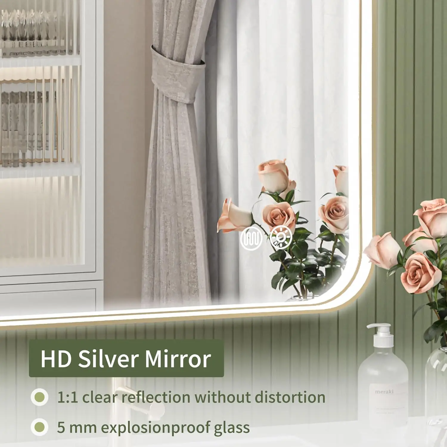 60"" X 36"" Led Bathroom Mirror With Lights, Rounded Rectangle Gold Frame Embedded Light Strip Design Vanity Mirror, 3 Colors &