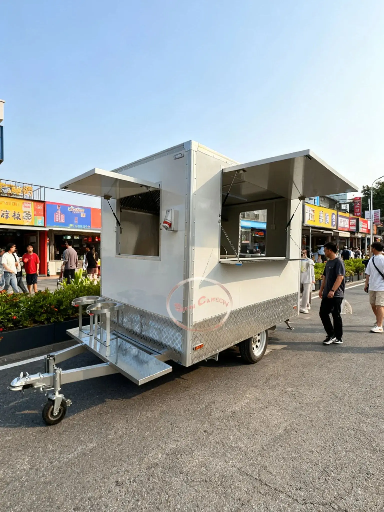 

Outdoor Food Trailer Main Body Cream White Extra-Large Expandable Serving Window Catering Kitchen Trailers for Sale