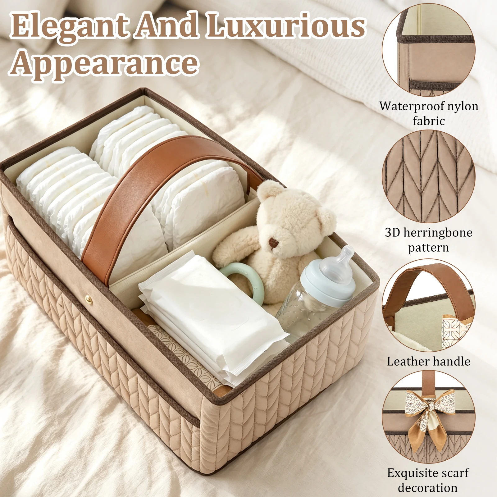 Baby Diaper Caddy Organizer Large Capacity Nappy Basket with Elegant Scarf Foldable Multi-pocket Newborn Diaper Storage Handbag