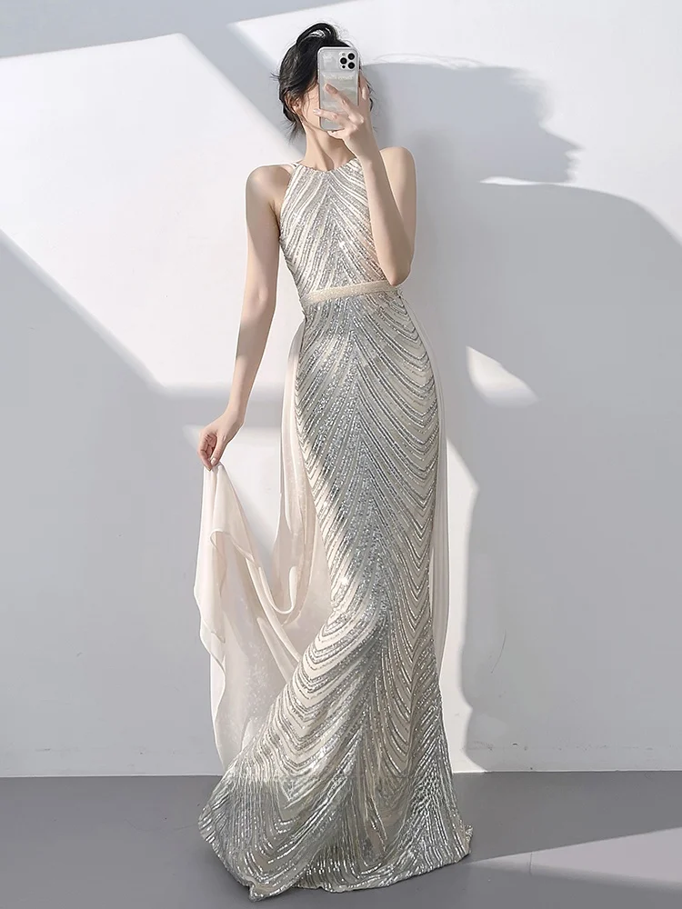 

Champagne Color Evening Gown Women's 2025 New Summer Sexy Strap Host Fi Tail Sequin Skirt High-End Feelings Long Dr