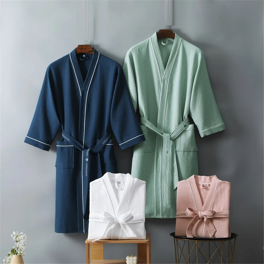 Solid Color Cotton Spring Autumn Waffle Couples Mid-long Yukata Bathrobe Homestay Hotel Couple Soft Bathrobes
