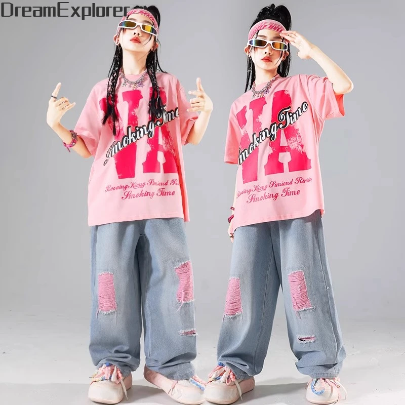 Girls Streetwear Street Dance T-shirt Pink Loose Jeans Hip Hop Clothes Sets Kids Jazz Ripped Denim Pants Outfits Teen Costumes