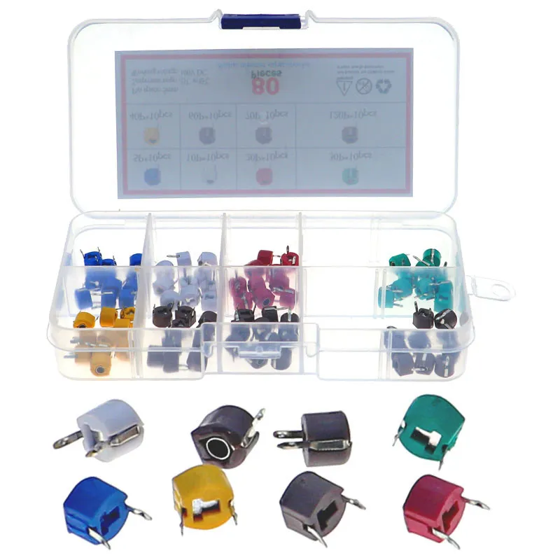 80PCS/Box Trimmer Variable Capacitance Electronic Capacitor Kit 5P/10P/20P/30P/40P/60P/70P/120P 6mm Adjustable Capacitor 8Values
