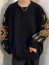 Retro Ethnic Loose Men's Knitwear Autumn Winter American Lazy Style round Neck Sweater Base Layer Shirt Casual Youth Fashion