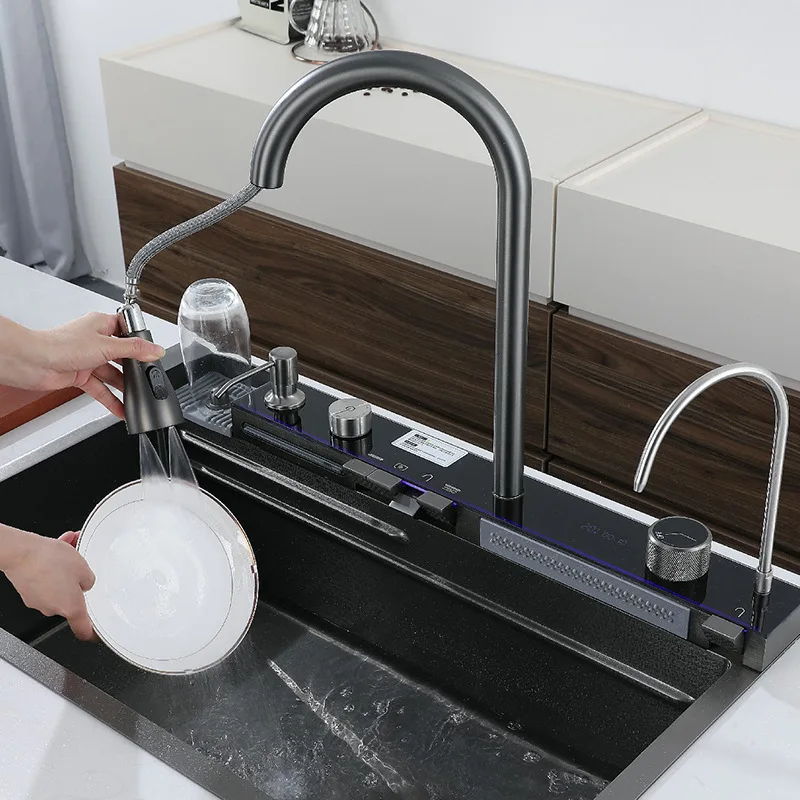 

All In One LED Light Rainfall Multifunctional Kitchen Sink With Glass Rinser and Filter Faucet