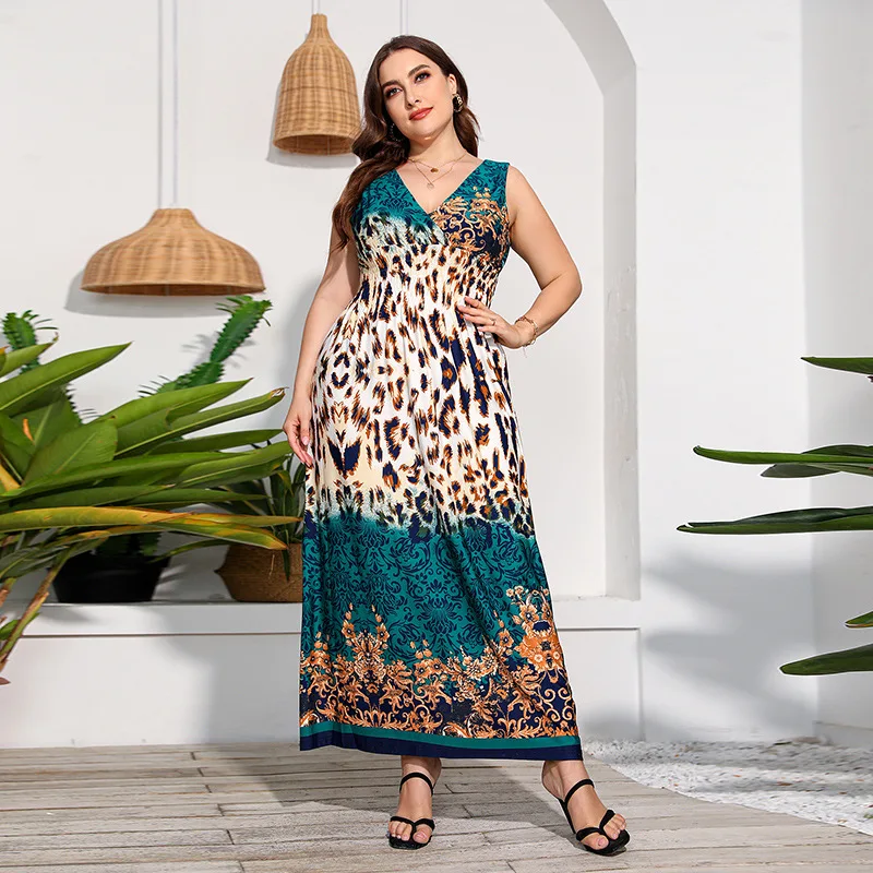 

Large size printed elastic waist dress, long ice silk fattened and enlarged long skirt, high-end temperament, elegant classic wo