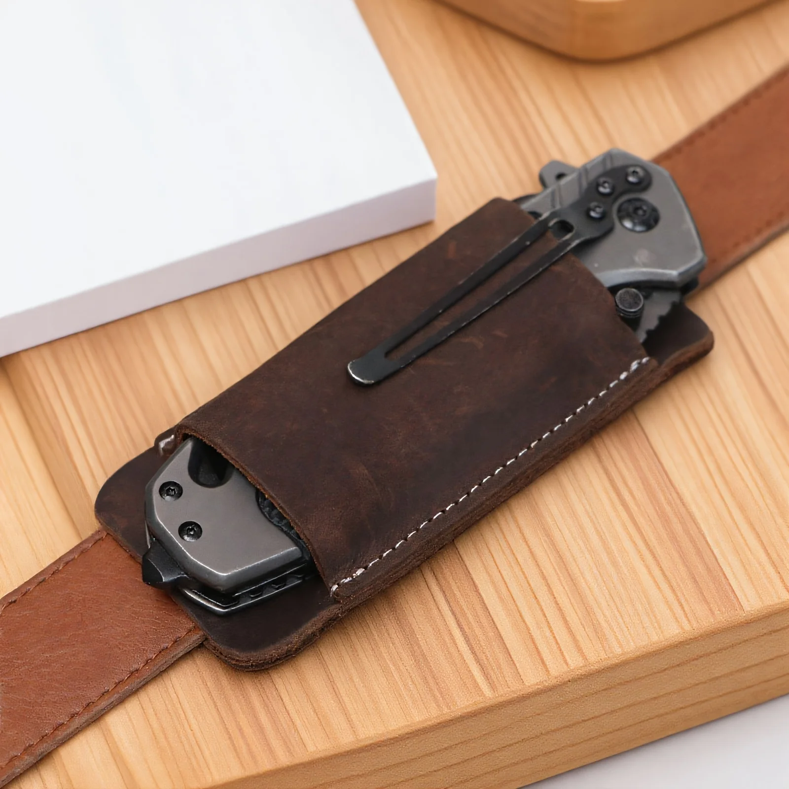 

Genuine Leather EDC Belt-Mounted Sheath | Anti-Loss Waist Pouch for Folding Knives | Portable Knife Holder