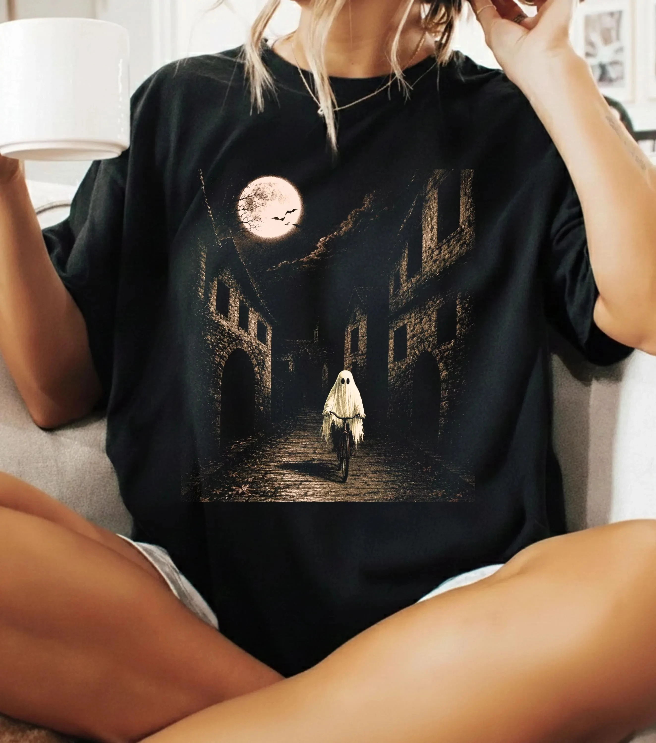 Summer Women's Halloween Ghost  Print T-shirt Streetwear Oversized Loose Casual Short Sleeve Suitable for All Seasons