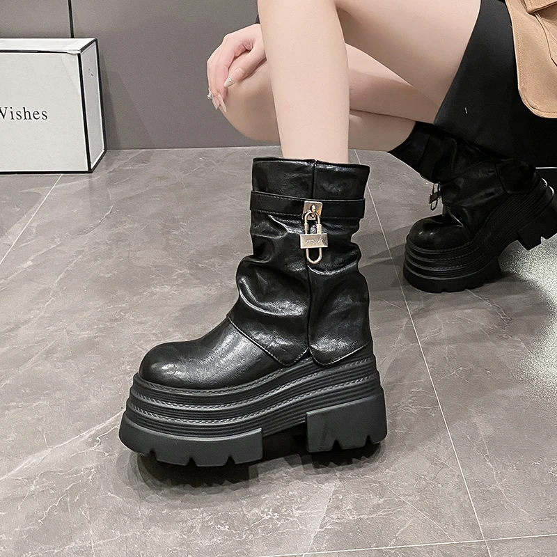 

Женские ботильоны с замком, осенне-зимние мотоциклетные ботинки, кожаная обувь на танкетке 10 см, женская обувь на высокой платформе, на толстой подошве, Botas Mujer