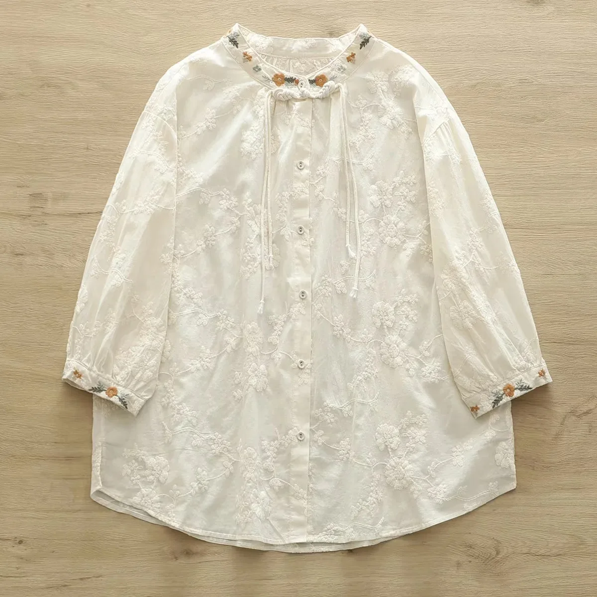 New Summer Cotton 3/4 Sleeve Shirts Stand Embroidery Tops Mori Girl Casual Loose Retro Commute OL Blouse 2024 Autumn T46843QC