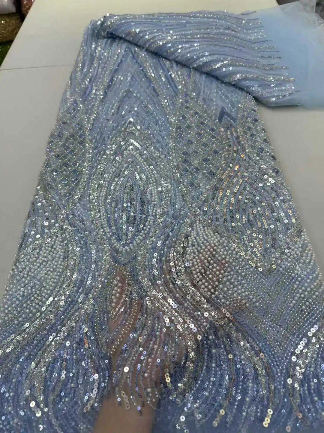 

African Beads Lace Fabric 2025 Beaded Sequin Embroidery Bridal Mesh for Women Sewing Nigerian Style French Sequins Wedding Fabri