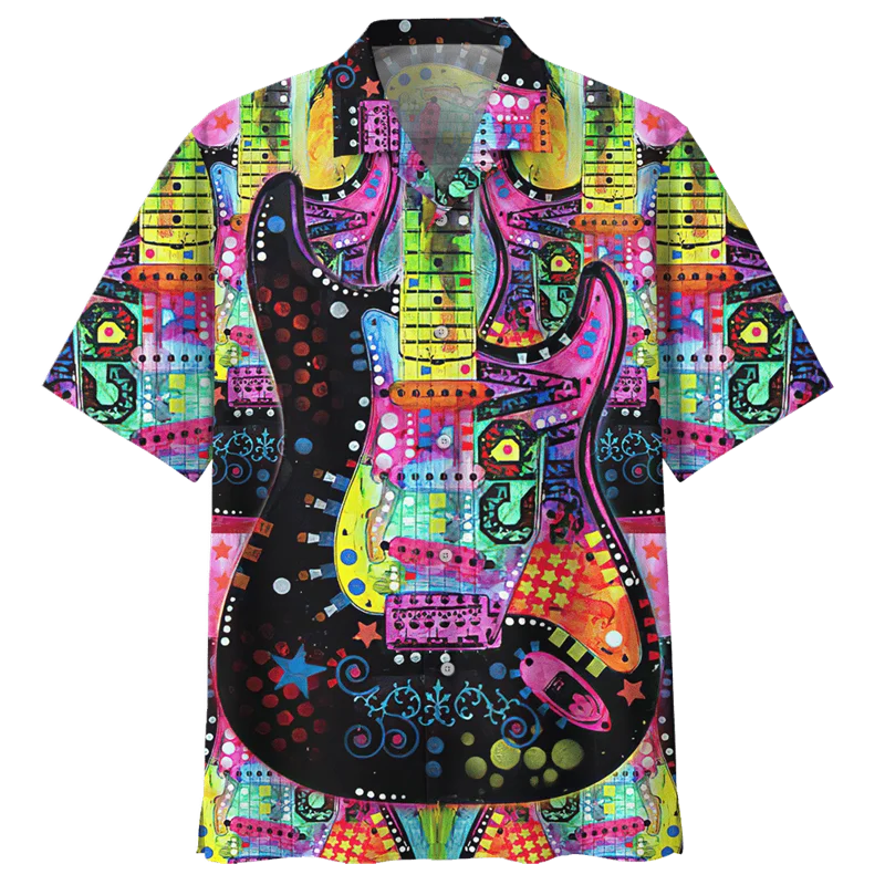 Fashion Colorful Guitar 3d Printed Hawaiian Shirt Men Musical Instrument Pattern Short Sleeves Shirt Oversized Lapel Blouse