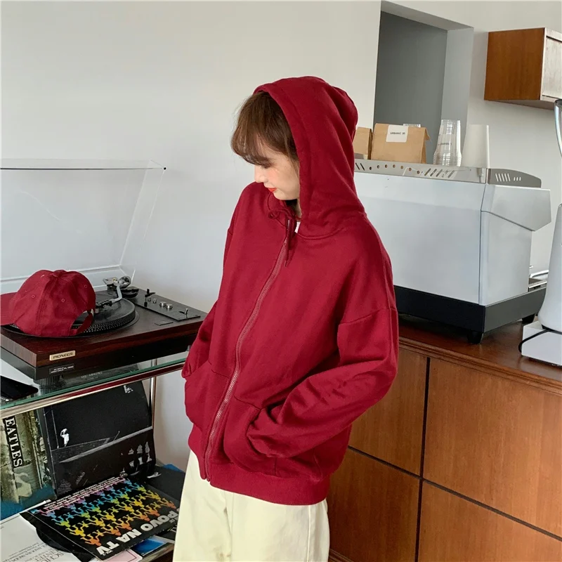 Pure Color Purple Zip-up Hoodies Women Fashion Casual Hooded Female Sweatshirt 2023 Autumn Thin Streetwear Girls Harajuku Hoodie